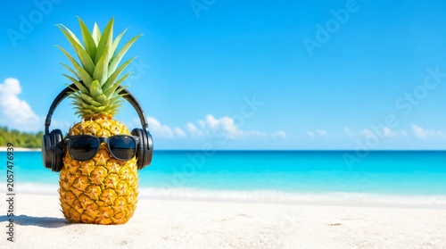 Pineapple with sunglasses and headphones on beach. Tropical summer vacation.