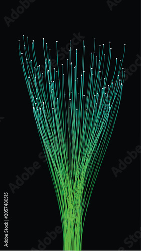 Abstract fiber optic light strands glowing in the dark, digital technology background