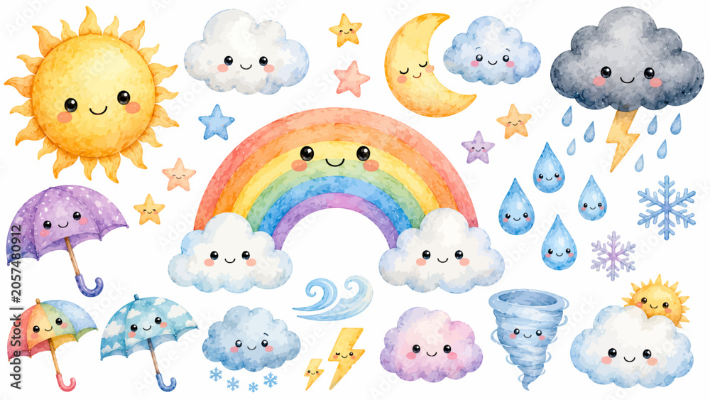Fototapeta premium Cute Weather Friends Collection with Rainbow, Sun, Clouds, Rain Drops, Moon, Stars, Snowflakes, and Umbrellas