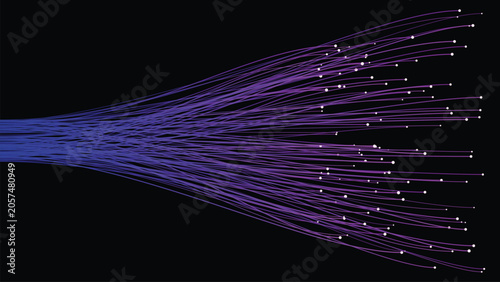 Abstract digital flow of data particles and light trails in blue and purple gradient
