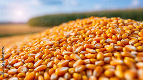 Close up corn kernel pile with field horizon and blue sky in rural farm landscape