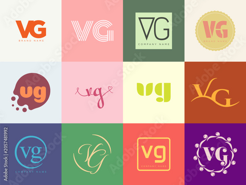 VG logo company template. Letter v and g logotype. Set different classic serif lettering and modern bold text with design elements. Initial font typography.