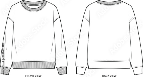 Canvas Print Unisex Oversized Crewneck Sweatshirt Fashion Flat Technical Sketch Template Feat