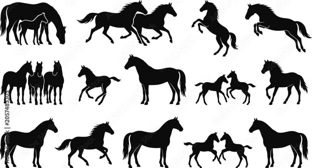 Obraz premium Black silhouette of various animals including elephant, giraffe, rhino, hippopotamus, zebra, lion, cheetah, and