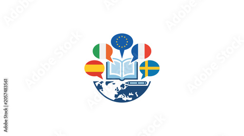 Cuadro en lienzo Multilingual Education Concept: Open Book, Globe, Speech Bubbles with Flags