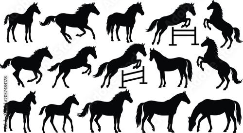 Foto Black silhouette of various animals walking in a row, style black silhouettes wi