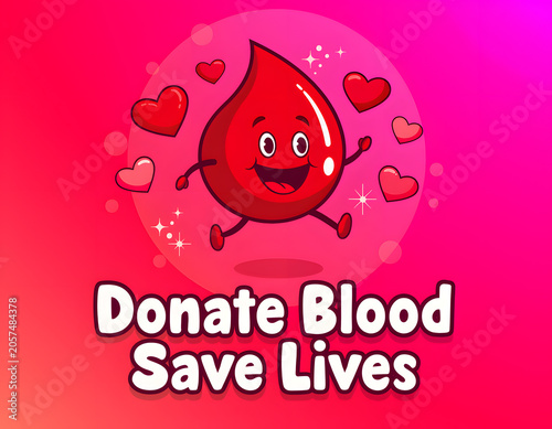 Happy Blood Donation Mascot Illustration With Save Lives Healthcare Awareness Message