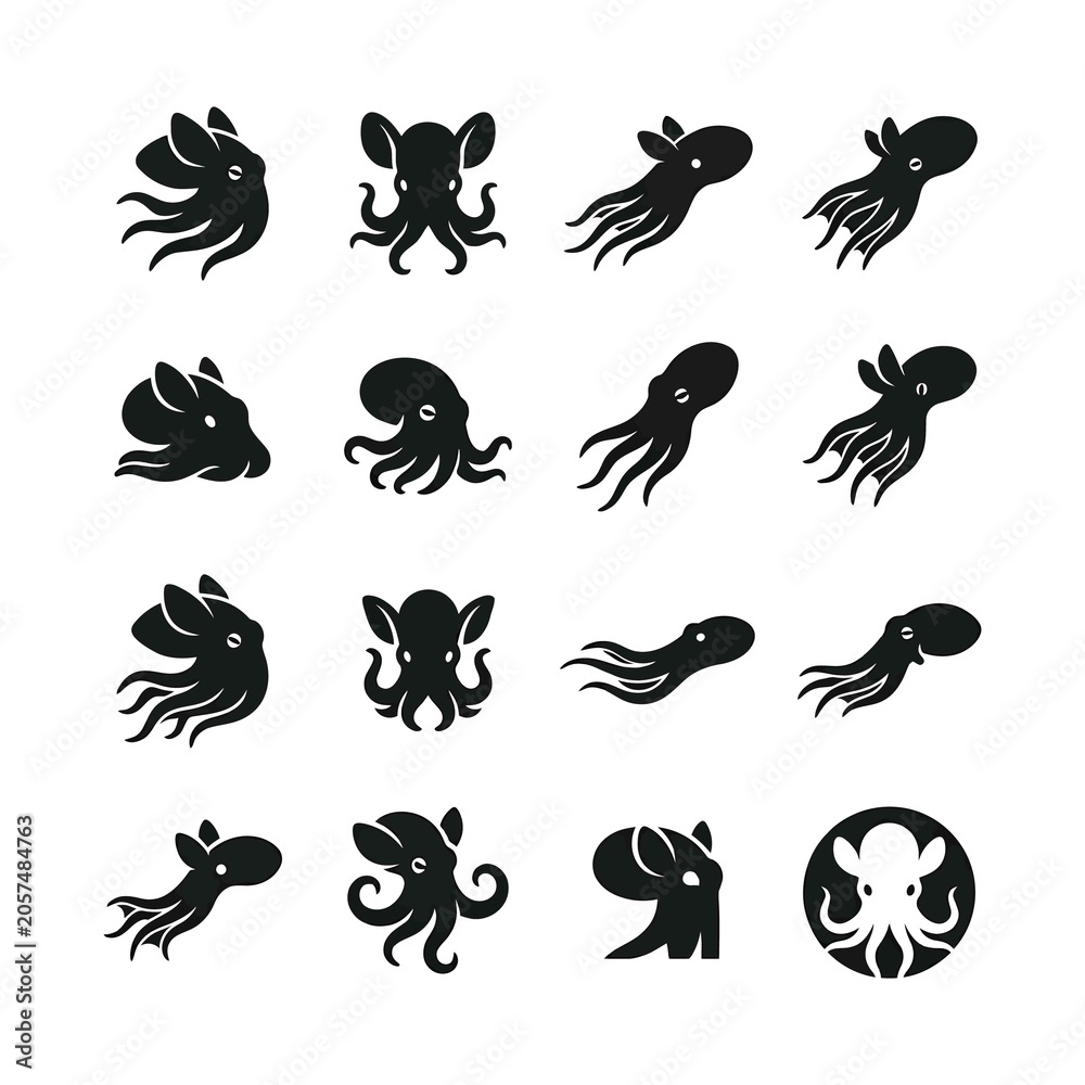 Obraz premium Collection of Black Octopus Silhouettes and Cephalopod Icons on White