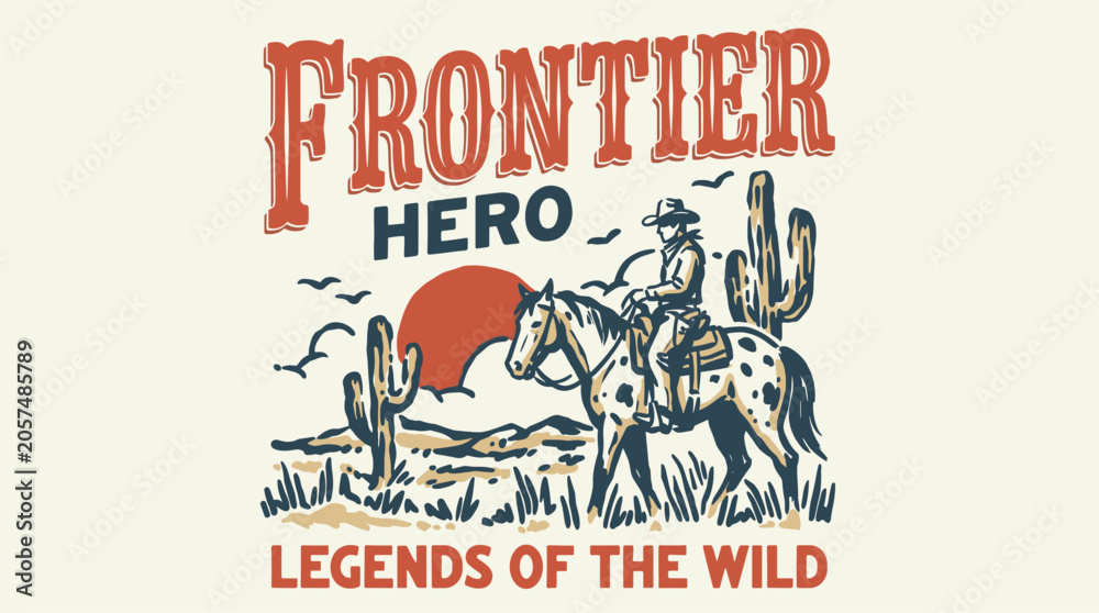 Obraz premium Frontier hero. Legends of the wild vintage print design for t shirt. Wild west adventure. Cowboy desert graphic.