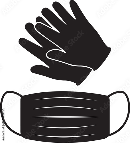 Gloves and Mask Silhouette Vector, Safety Protection Gear Icon Isolated Black Shape 