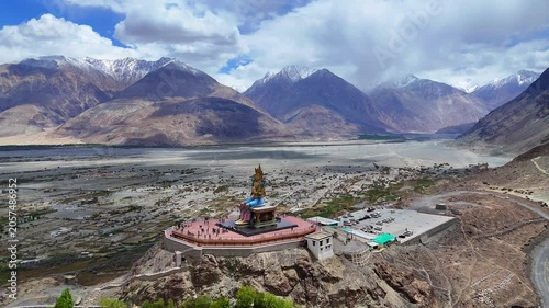 4K Drone Shot of Maitreya Buddha Statue at Diskit Monastery, Nubra Valley, Ladakh, India