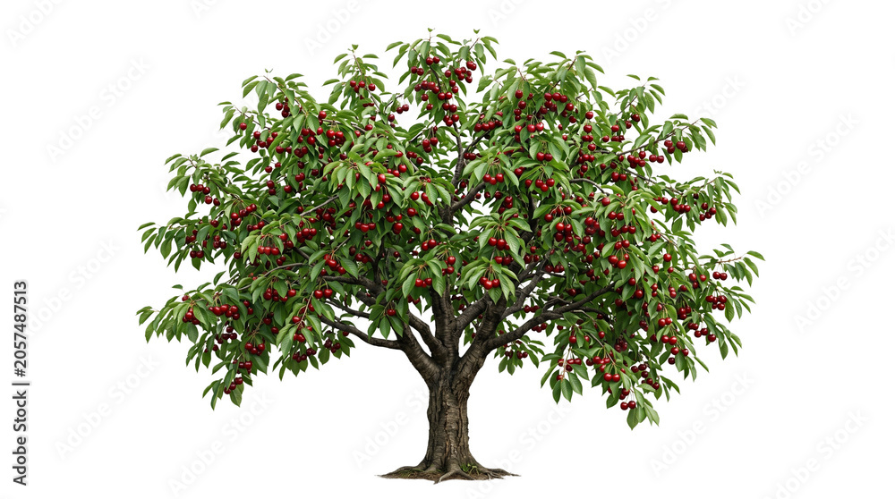 Obraz premium Lush cherry tree with ripe red fruit, vibrant green foliage on a fruit bearing tree, organic orchard cherry tree for agriculture and gardening concepts isolated PNG with Transparent Background