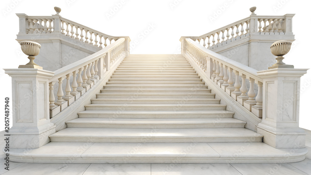 Naklejka premium Classical White Marble Grand Staircase with Balustrade Isolated on White Background
