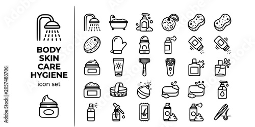 Body Skin Care Hygiene Bold Line Icons-Shower Bathtub Body Wash Loofah Pumice Exfoliating Mitt Deodorant Antiperspirant Moisturizer Sunscreen Razor-25 Body Care Icon Set Vector