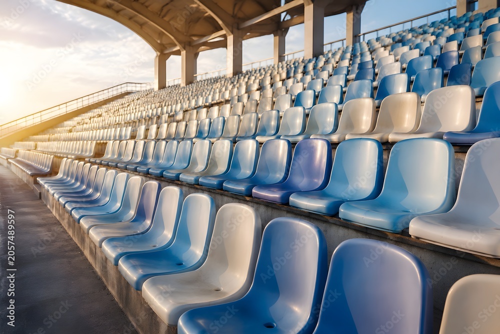 Fototapeta premium Spacious sports stadium grandstand filled with repeating plastic chairs illuminated by soft warm afternoon sunlight