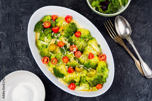 Baked Broccoli and Cheese Gratin with Fresh Cherry Tomatoes
