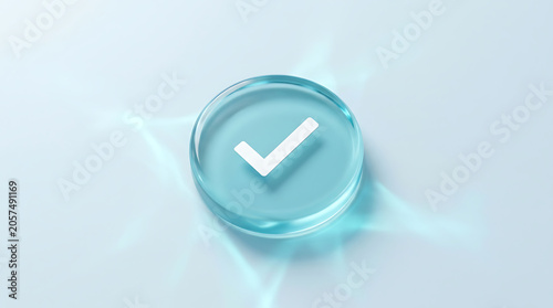 3D aqua glass button checkmark isolated on a clean white background