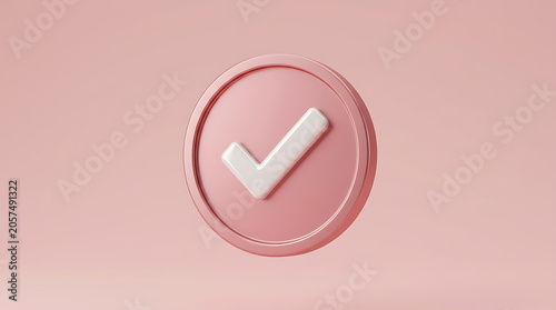 3D rose pink coin checkmark isolated on a clean white background