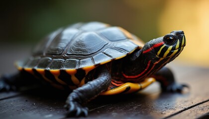 Painted turtle with red, yellow stripes on face, legs rests on wooden boards outdoors. Small reptile dark patterned shell. Turtle moving slowly on textured surface, exploring environment.