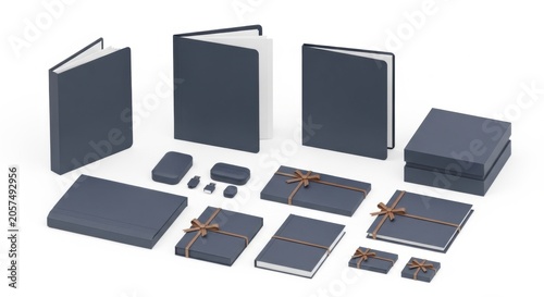 Set of luxury dark blue stationery and gift items isolated on white background