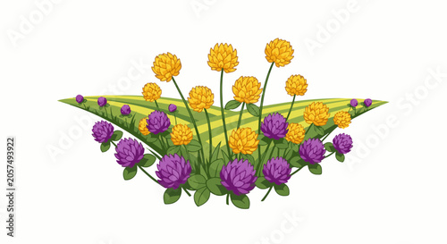 A field of vibrant purple and yellow clover flowers blooms under a striped green and yellow sky