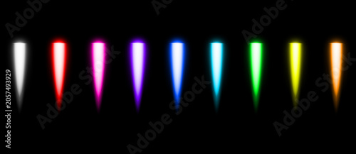 Collection of 9 realistic rocket thruster flame illustrations on black backdrop. Multicolor jet engine exhaust graphic set, energy explosion trails, and glowing heat bundle.
