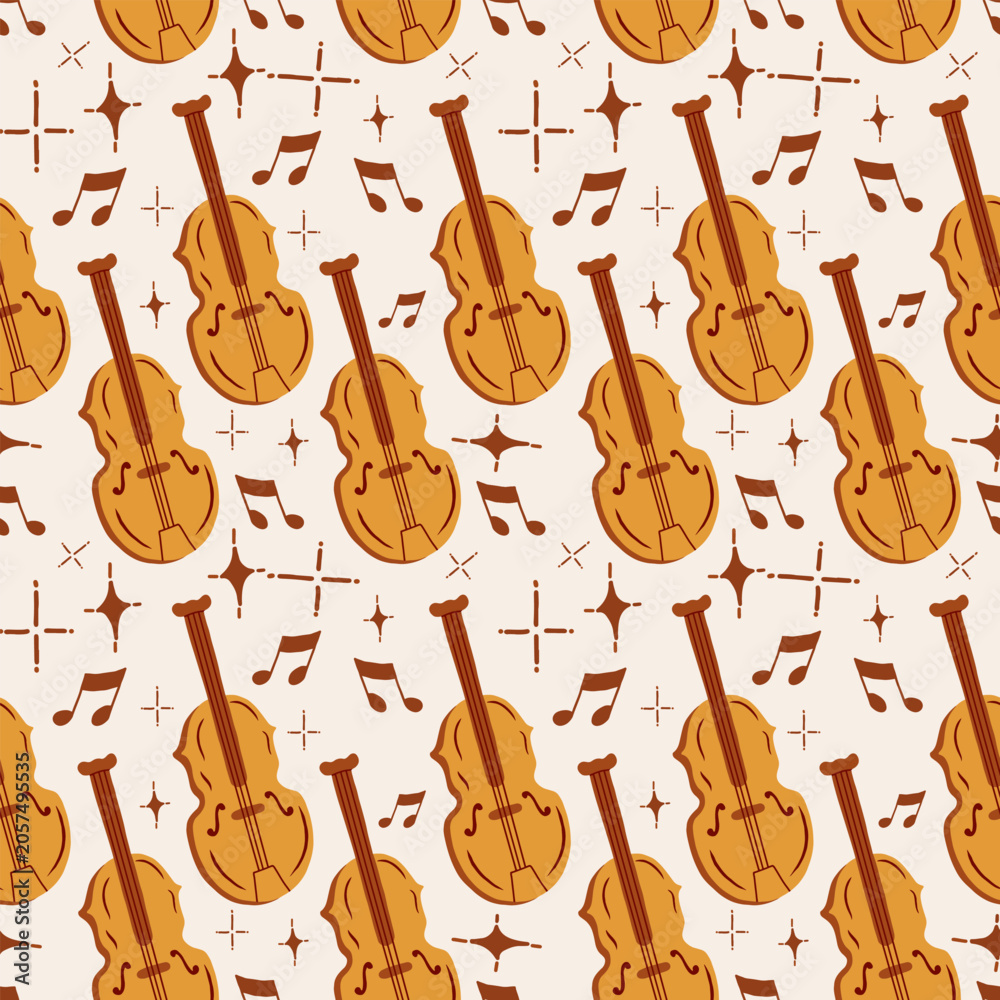 Naklejka premium Hand drawn violin and musical notes seamless pattern vector illustration. Vintage doodle cello string instrument retro seamless pattern background