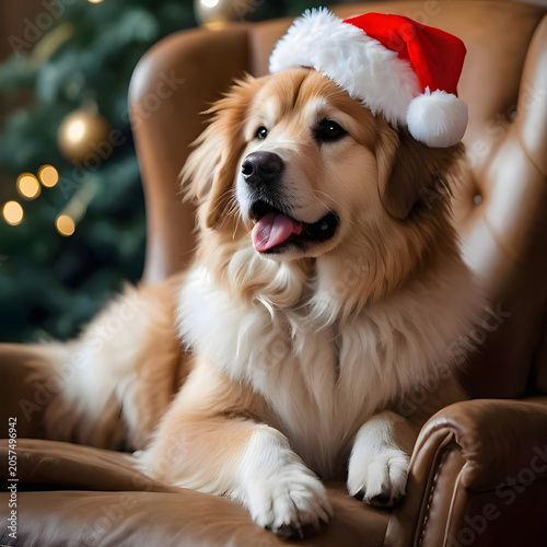 Fluffy beauty dog in Christmas cap sits in chair with Christmas tree in background posing with a protruding tongue