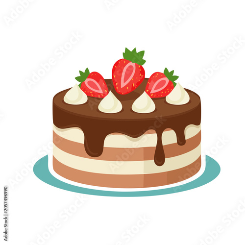 Cartoon chocolate cake with strawberries and cream