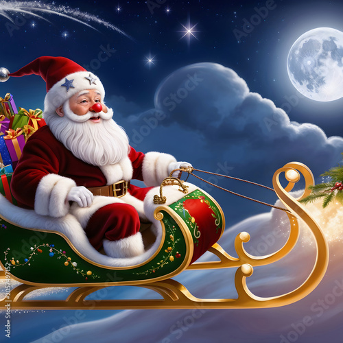 Happy Santa Claus in sleigh with gifts flying in a starry night sky.