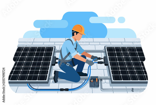 Solar Panel Installation by Professional Technician on House Roof