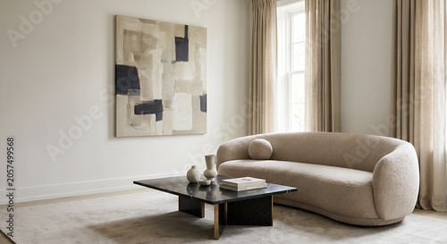 A modern living room features a textured boucle sofa, a black marble coffee table with vases and books, and abstract art on the wall. 