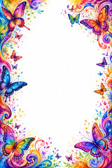 Rainbow Butterfly Border Frame with White Copy Space, Colorful Fantasy Decorative Background