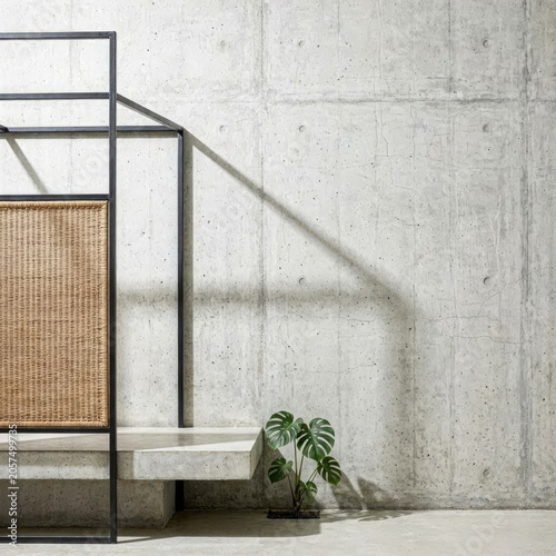 Minimalist Brutalist Interior with Woven Rattan Partition and Negative Space