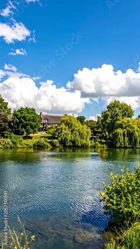 Serene lake surrounded by lush green trees under bright sky.