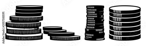 Solid black icon, white background: stack of digital coins set with simple line art design featuring outline, illustration, graphic elements with clean design and vector art