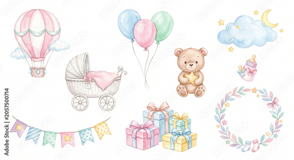 Obraz premium Watercolor baby shower clipart set with teddy bear and hot air balloon