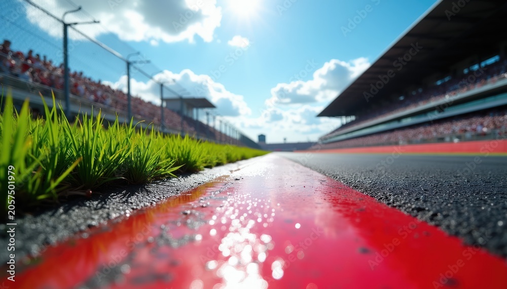 Naklejka premium Low angle view of racetrack edge with red line marker and wet asphalt surface. Green grass grows along trackside. Spectators fill stadium grandstands under bright sunny sky with clouds.