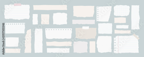 torn paper ripped strip cutout with soft grunge texture for collage and journal. Lined graph plain grid ruled sheet with vintage notebook edge and tape detail. White paper scrap on blue background.