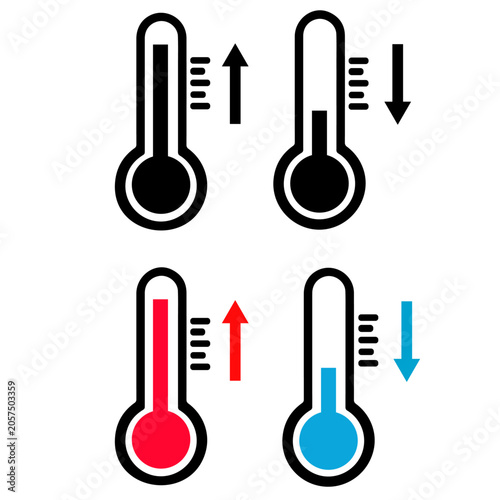 Thermometer vector icons set. Weather temperature gauge symbols with rising and falling arrows in flat color and black silhouette styles..eps