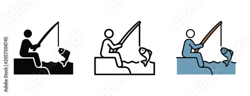 Photography Three illustrations of a person fishing from a rock into water with a fish on th