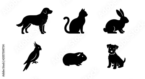 Photos Vector Silhouettes of Domestic Pets: Dog, Cat, Rabbit, Parrot, Guinea Pig, Puppy