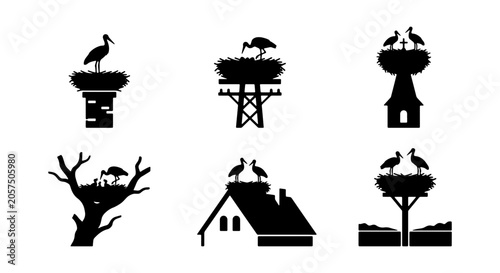 Foto Stork Nest Silhouettes Set: Wildlife, Birds, Nature, Rural Life, Vector Icons fo