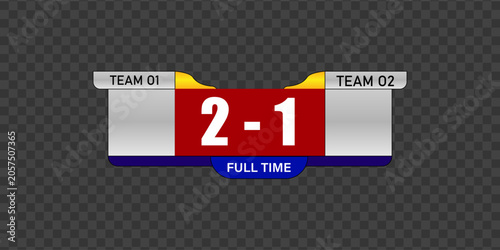 Photography Sports scoreboard graphic template with match result 2-1, full time status, prof