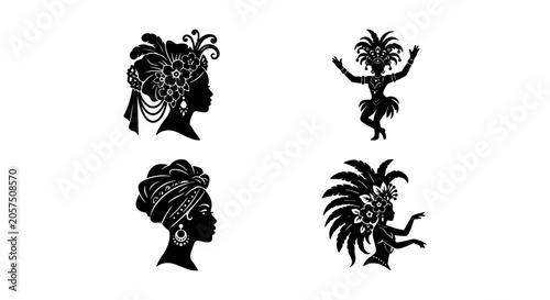 Tablou pe pânză Carnival Silhouette Icons: Festive Dancer, Elaborate Headwear, Tribal Woman, Cel