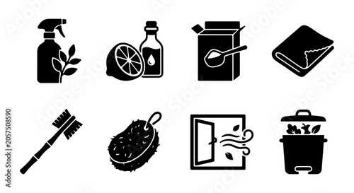 Fotografia Eco-friendly cleaning icons set, natural home care vector graphics, sustainable