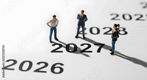 Three miniature business people standing on a calendar with years 2026, 2027, 2028, symbolizing future planning and strategy.