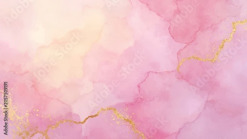 Pastel pink watercolor blends softly with golden lines