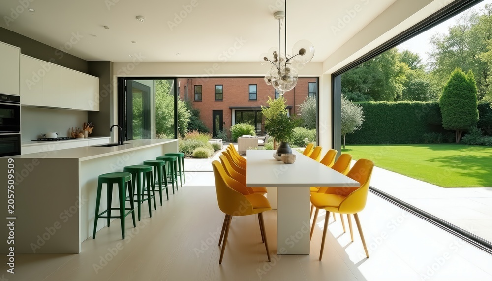 Fototapeta premium Modern open plan kitchen and dining area with large glass doors opening to a green garden. White island with green stools faces kitchen counter. Yellow chairs surround white dining table.