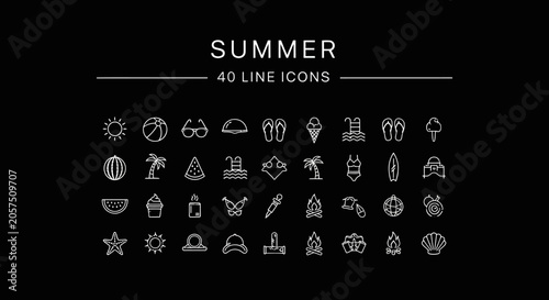 Summer line icons on black background.